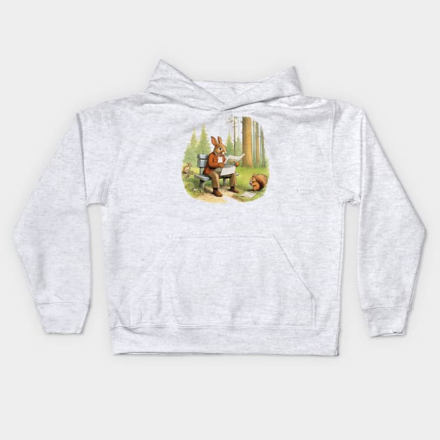 Rabbit sitting on a bench reading a newspaper with a squirre Kids Hoodie by JnS Merch Store